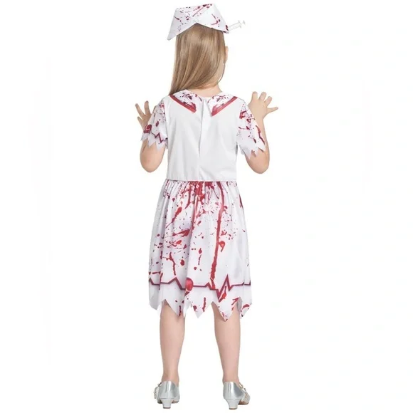 Ikali Girls Zombie Nurse Dress Headband 2 Piece Halloween Costume Size 7-8 Scary - Picture 3 of 10